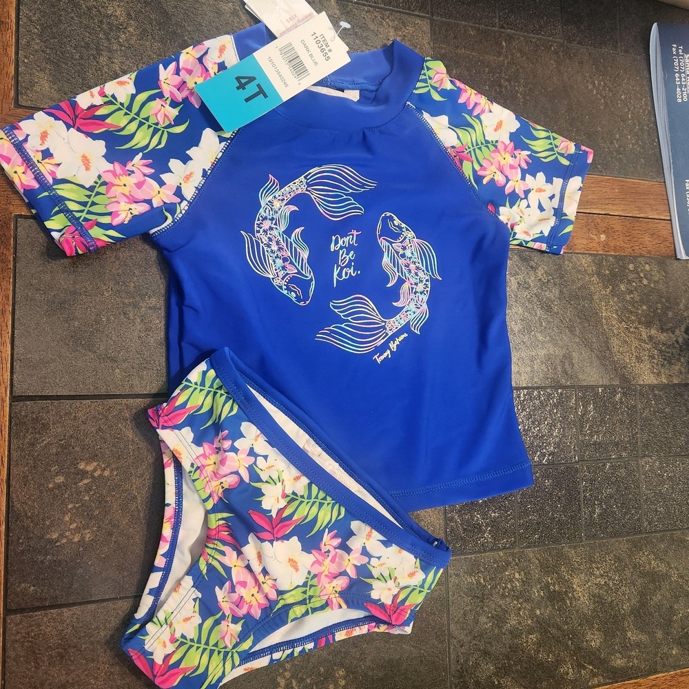 Tommy Bahama Girls Swim 4T 2-Piece Short Sleeve Top Rash Guard upf 50 NWT